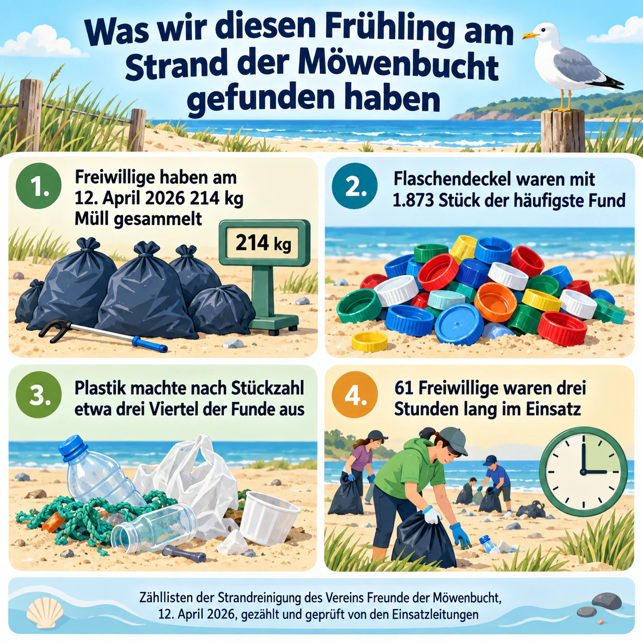 Infografik zu Erderwärmung und Umweltschutz: Zahlen einer Strandreinigung vor Ort mit langer Quelle und ohne Handlungsaufruf