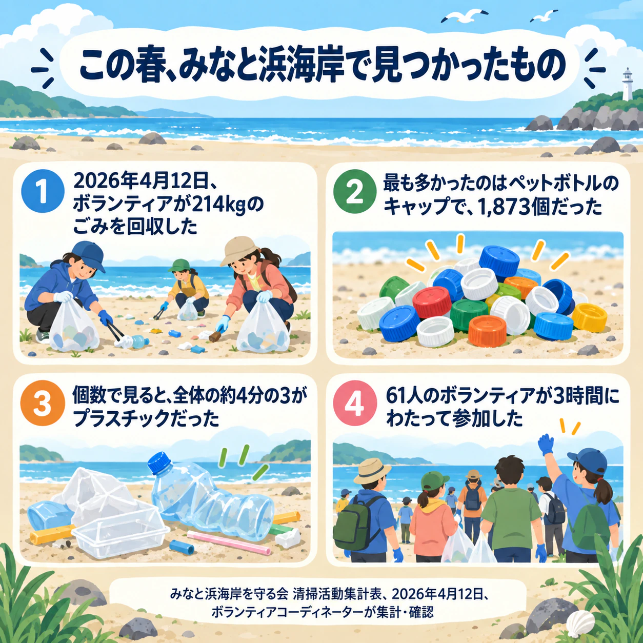 地球温暖化と環境問題を伝えるインフォグラフィック：地域の海岸清掃の数値、長い出典、呼びかけなし