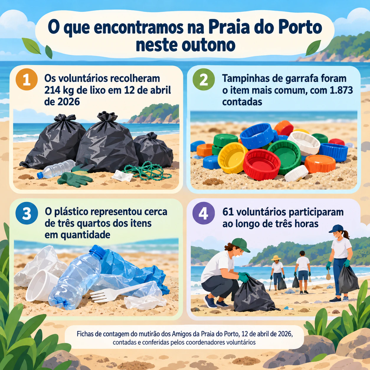 Infográfico sobre aquecimento global e conscientização ambiental: Números de um mutirão de limpeza de praia, com fonte longa e sem chamada para ação