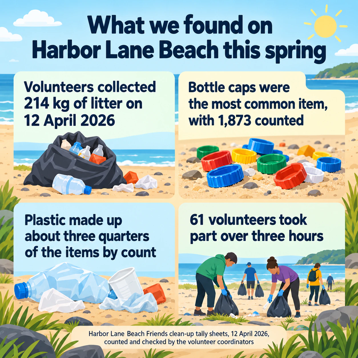 Global warming and environmental awareness infographic: Local beach clean-up figures with a long source and no call to action