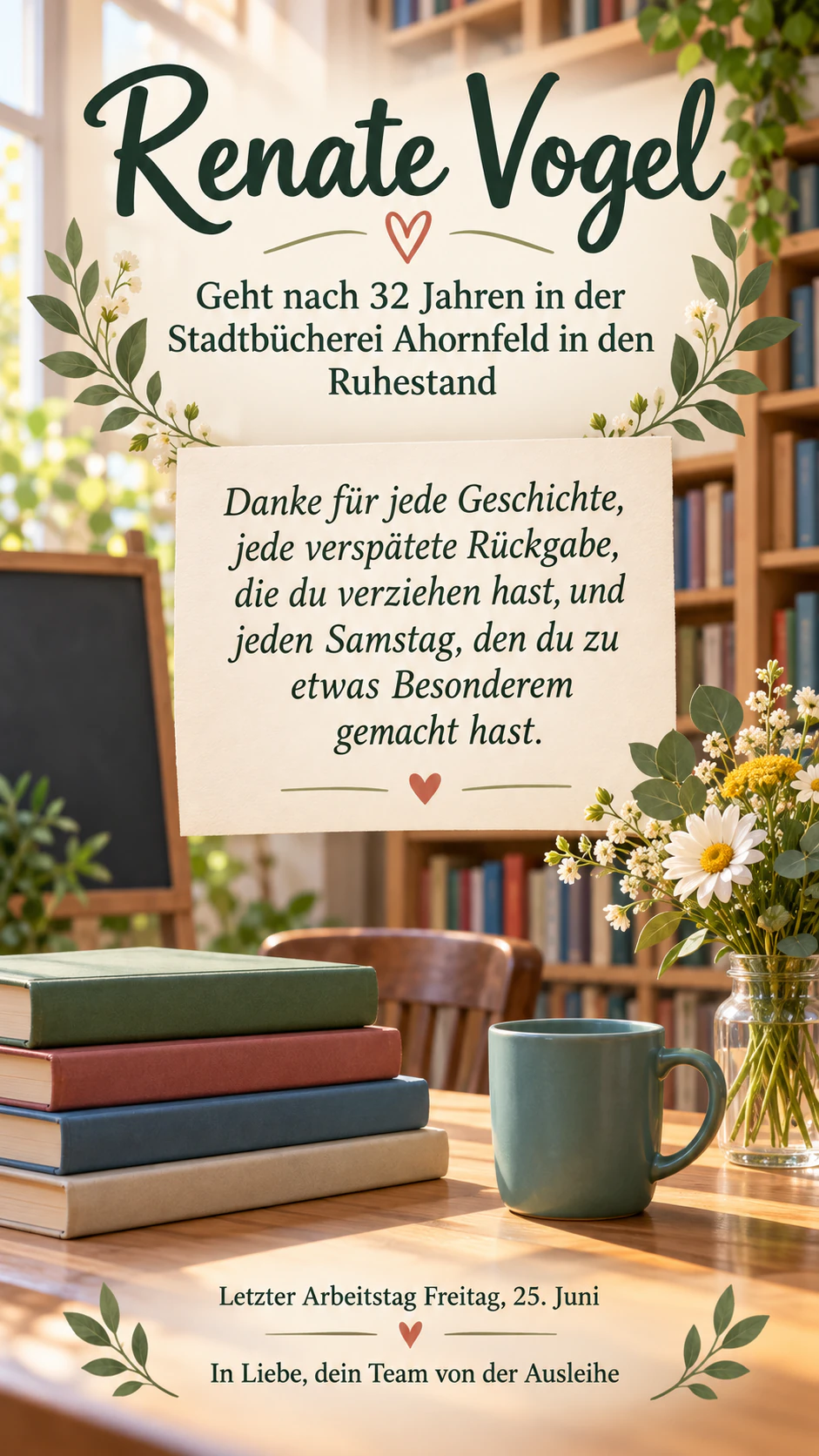 Beispiel: Abschiedsposter mit der Botschaft eurer Gruppe