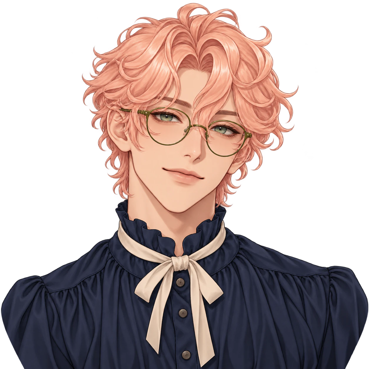Femboy anime profile picture: Peach curls and ribbon tie