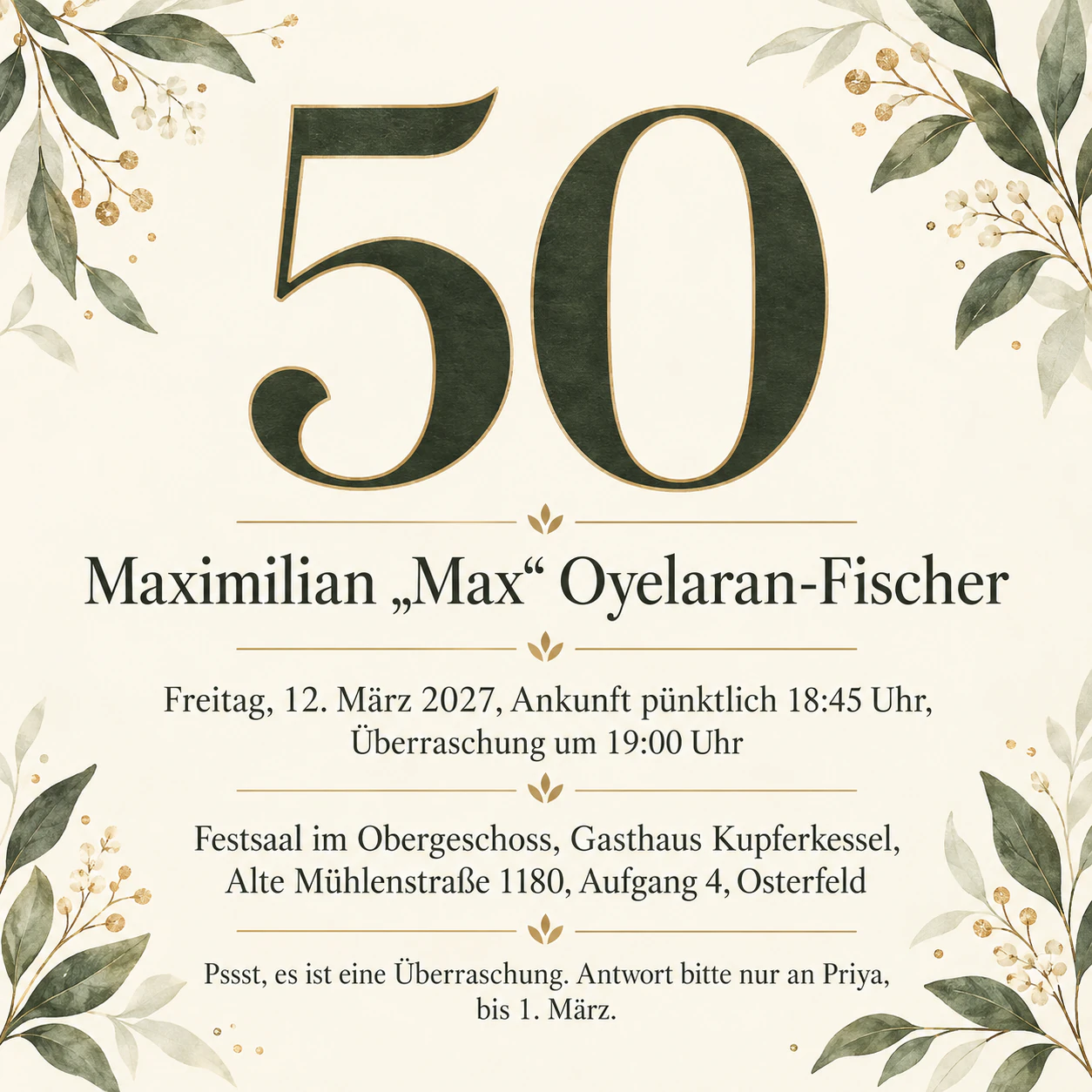 Einladung zur Feier des 50. Geburtstags: Überraschungsparty mit langem Namen und Ort, ohne Motto, quadratisch
