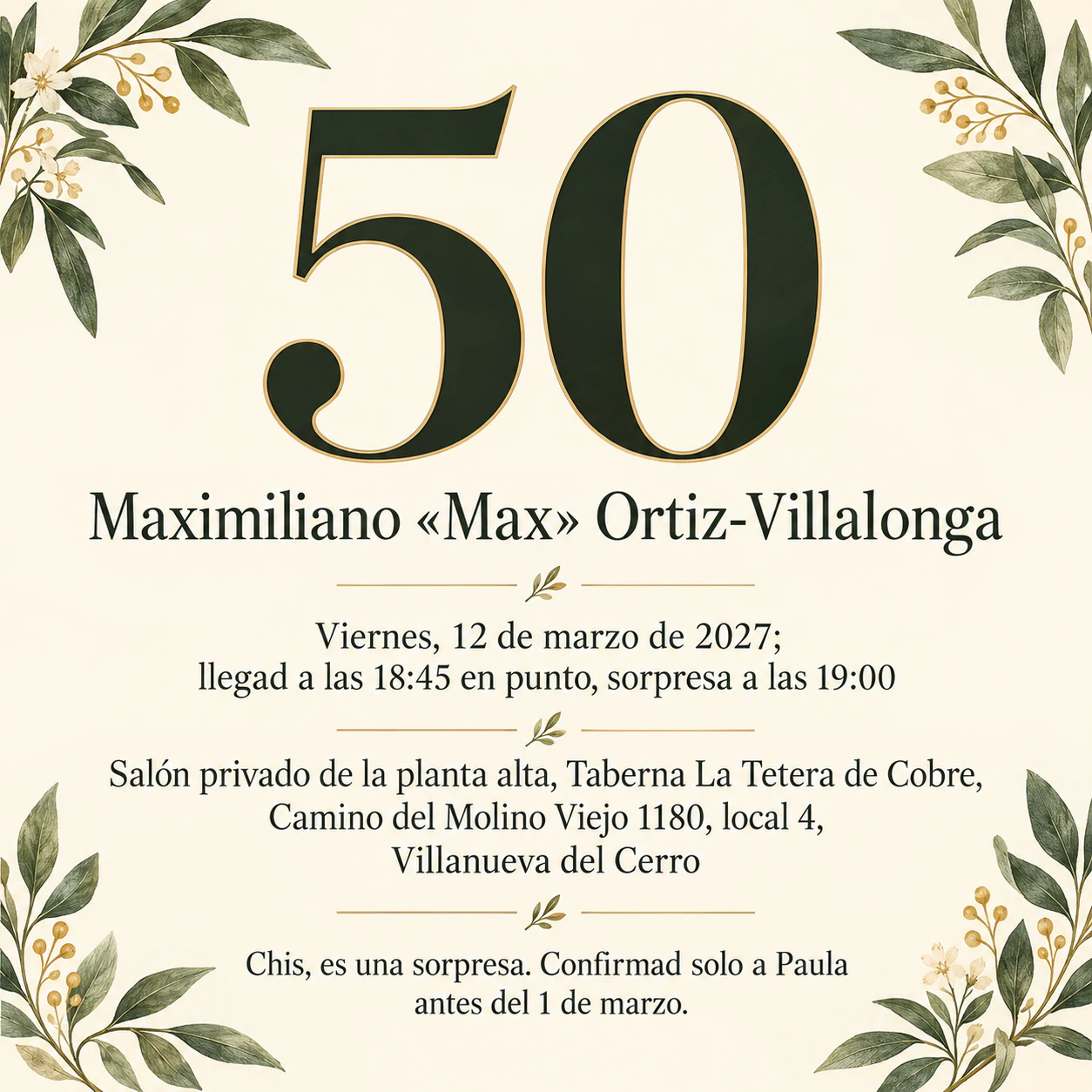 Invitación para una fiesta de 50 cumpleaños: Fiesta sorpresa con nombre y lugar largos, sin temática, cuadrada