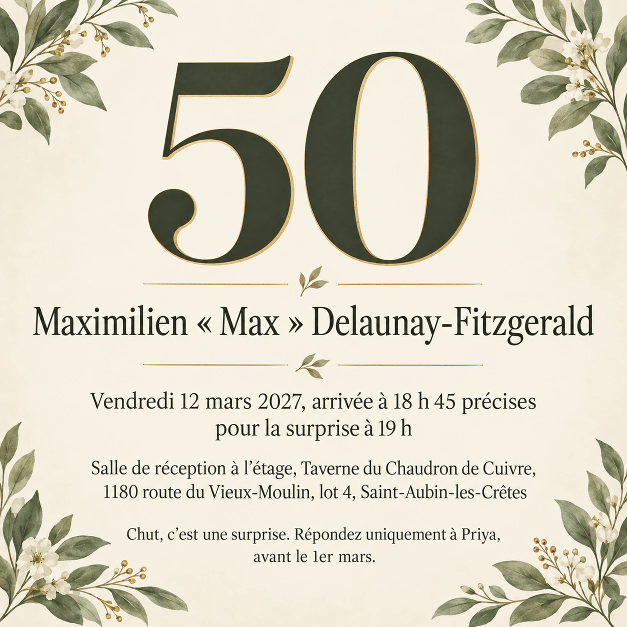 Invitation à une fête d’anniversaire pour les 50 ans : Fête surprise avec un nom et un lieu longs, sans thème, en carré