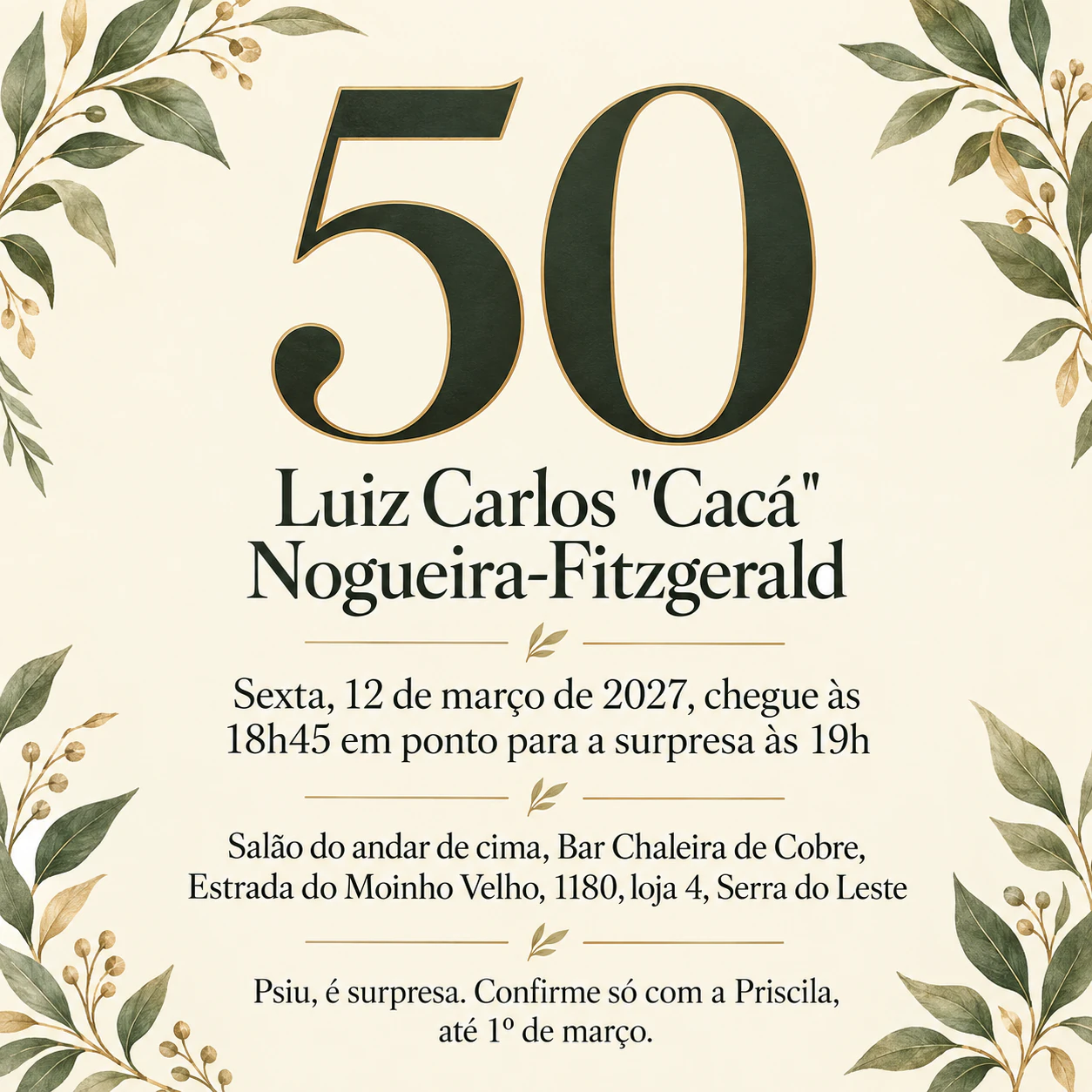 Convite para festa de aniversário de 50 anos: Festa surpresa com nome e local longos, sem tema, em formato quadrado