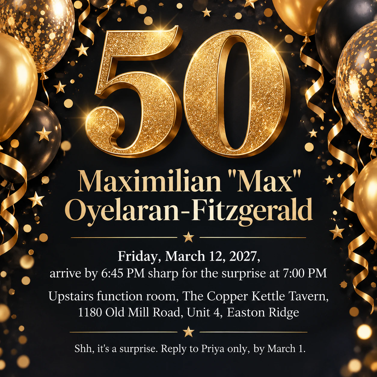 50th birthday party invitation: Surprise party with a long name and venue, no theme, square