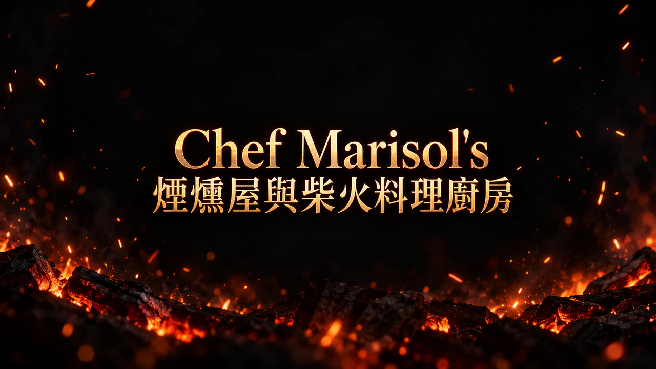 火焰主題的 YouTube 頻道橫幅：很長的料理頻道名稱，只有微弱餘燼