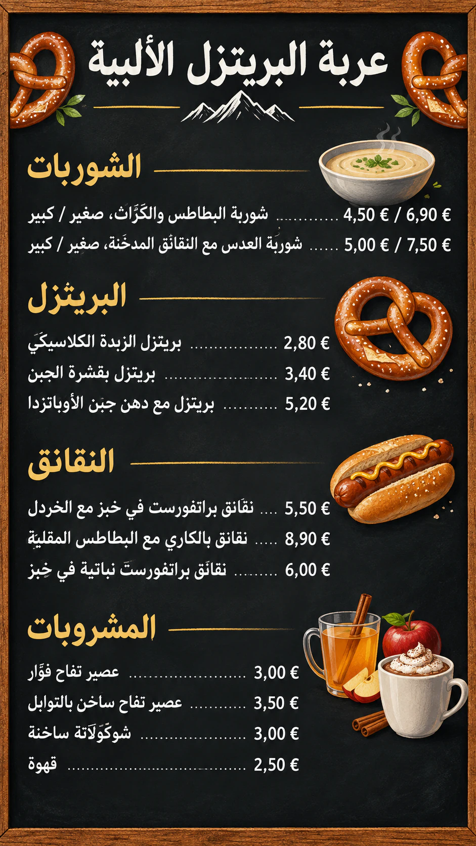 لوحة قائمة طعام لعربة الفود ترك: اثنا عشر صنفًا بأحجام وعناوين أقسام، وأسعار باليورو بعد الرقم، دون ملاحظة