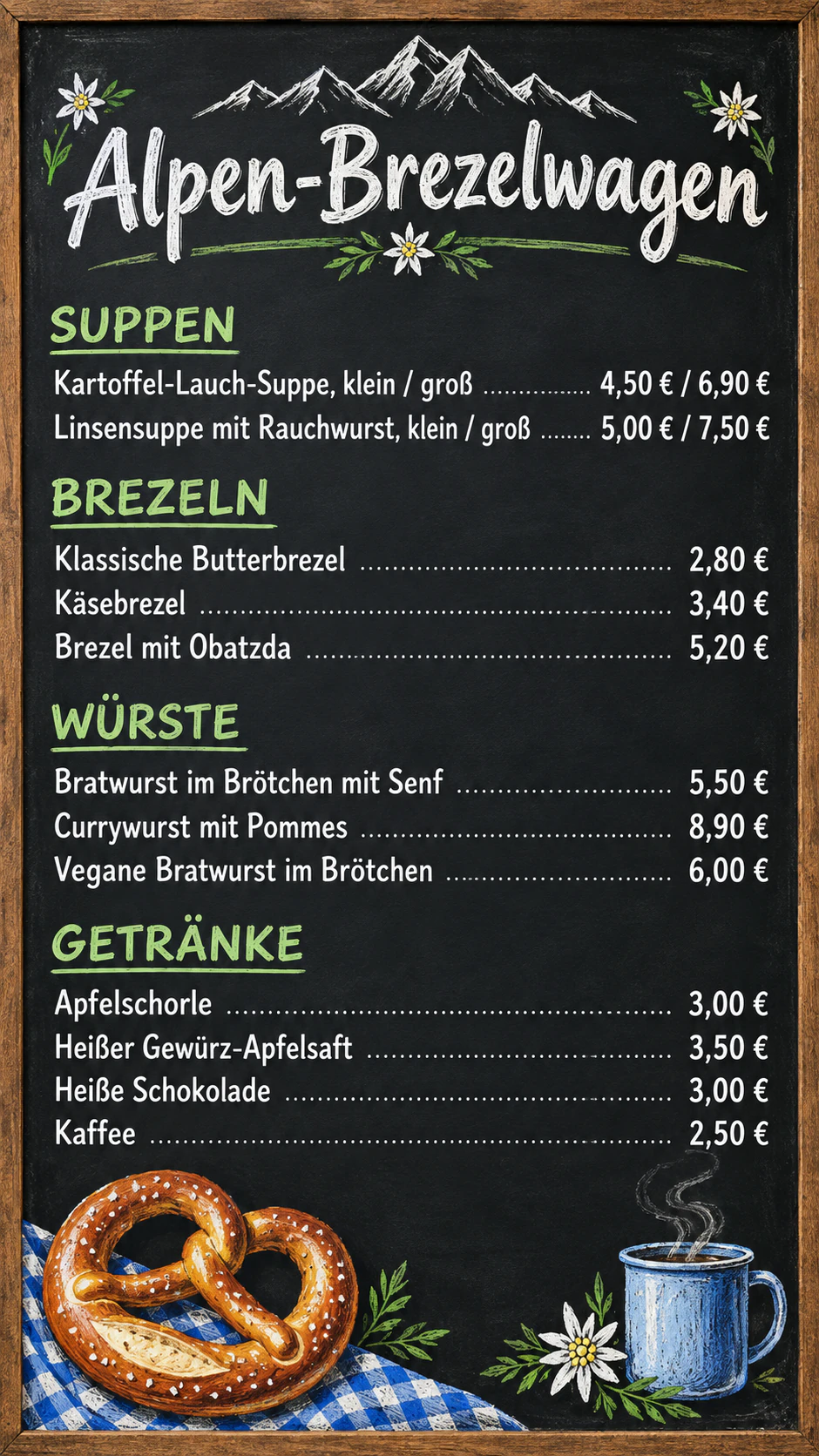 Menütafel für den Foodtruck: Zwölf Posten mit Größen und Überschriften, Euro nach der Zahl, ohne Hinweis