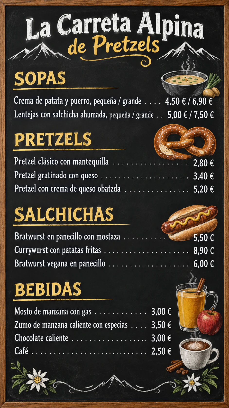 Pizarra de menú para food truck: Doce platos con tamaños y apartados, euros detrás del número, sin nota