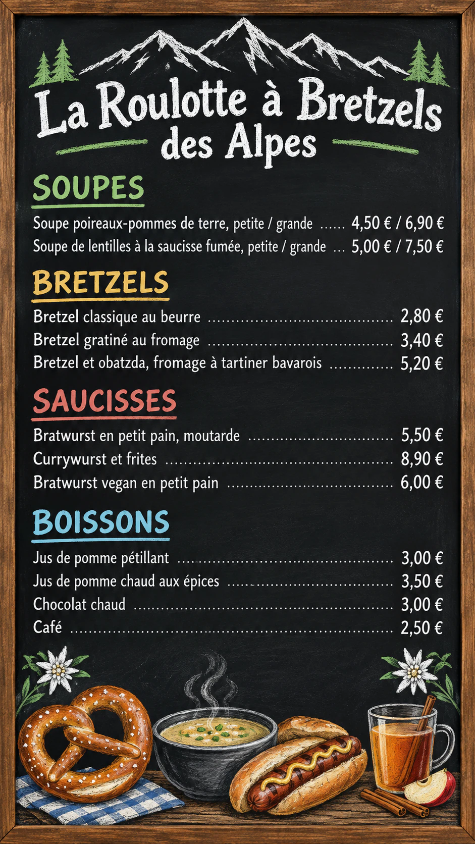 Ardoise de menu pour food truck : Douze plats avec tailles et rubriques, prix en euros après le nombre, sans note