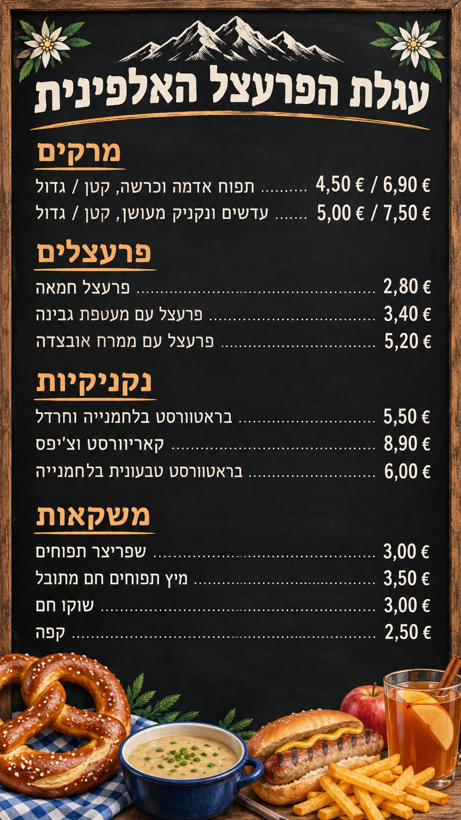 לוח תפריט לפוד טראק: 12 מנות עם גדלים וכותרות ומחירי אירו, בלי הערה
