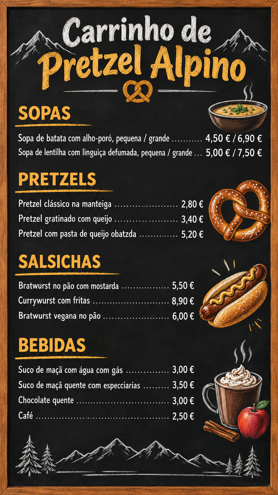 Quadro de cardápio para food truck: Doze itens com tamanhos e seções, preços em euro depois do número, sem observação