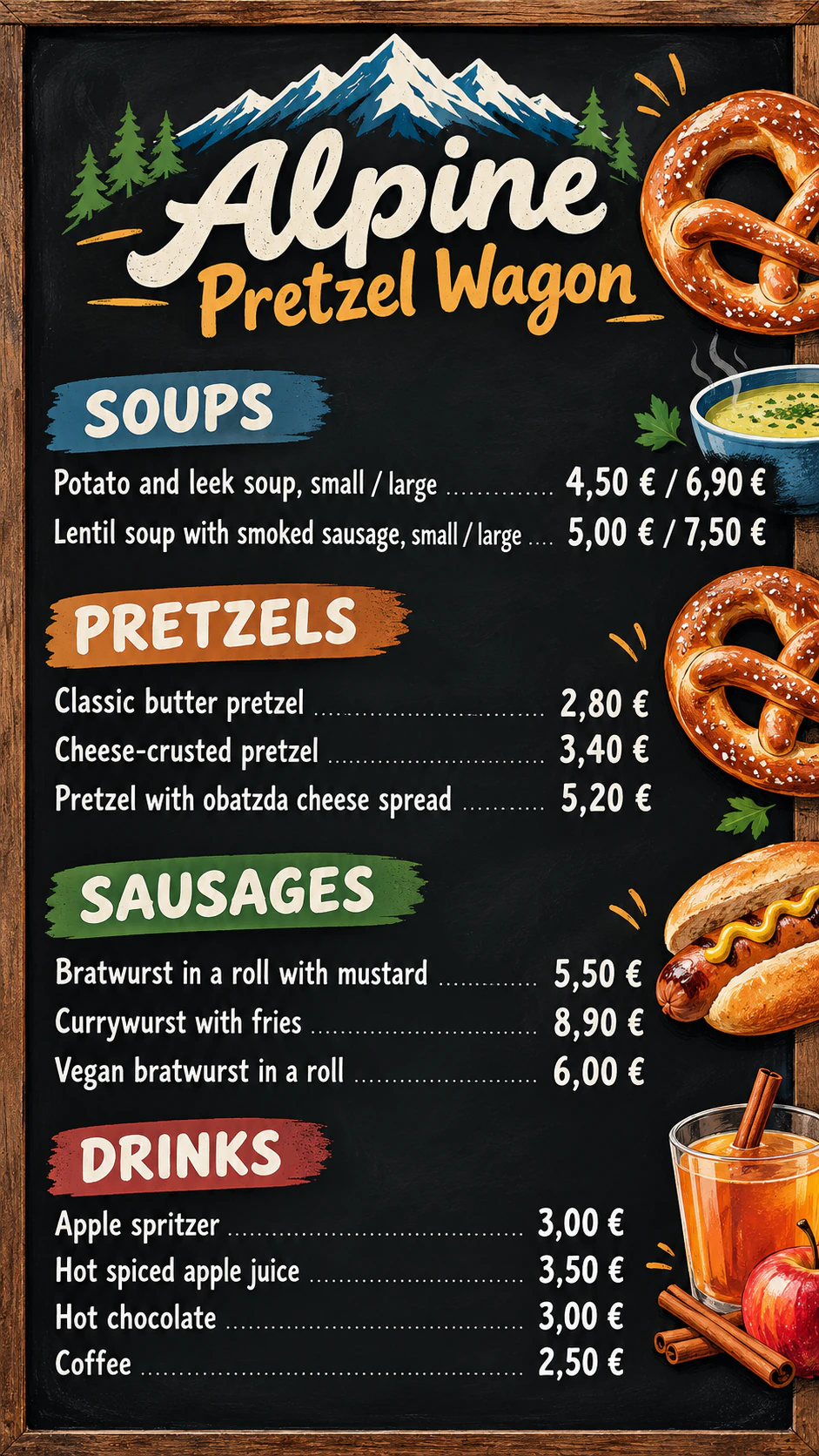 Food truck menu board: Twelve items with sizes and headings, euro prices after the number, no note