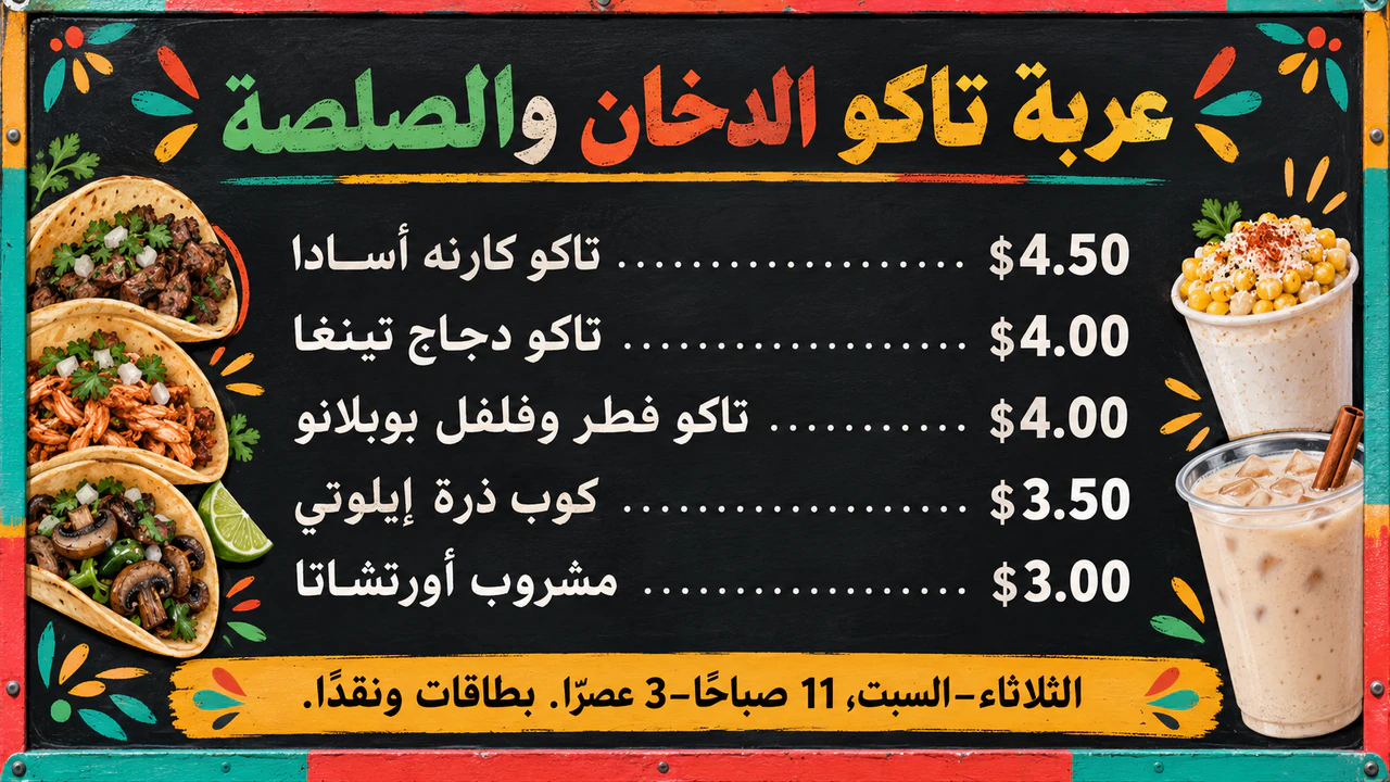 مثال على لوحة قائمة طعام لعربة الفود ترك