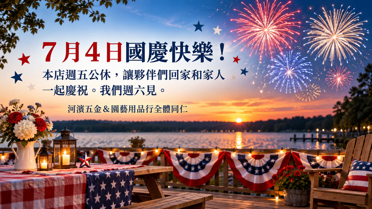 美國國慶 7 月 4 日祝福圖：小店家的祝福附公休通知，沒有配色與場景