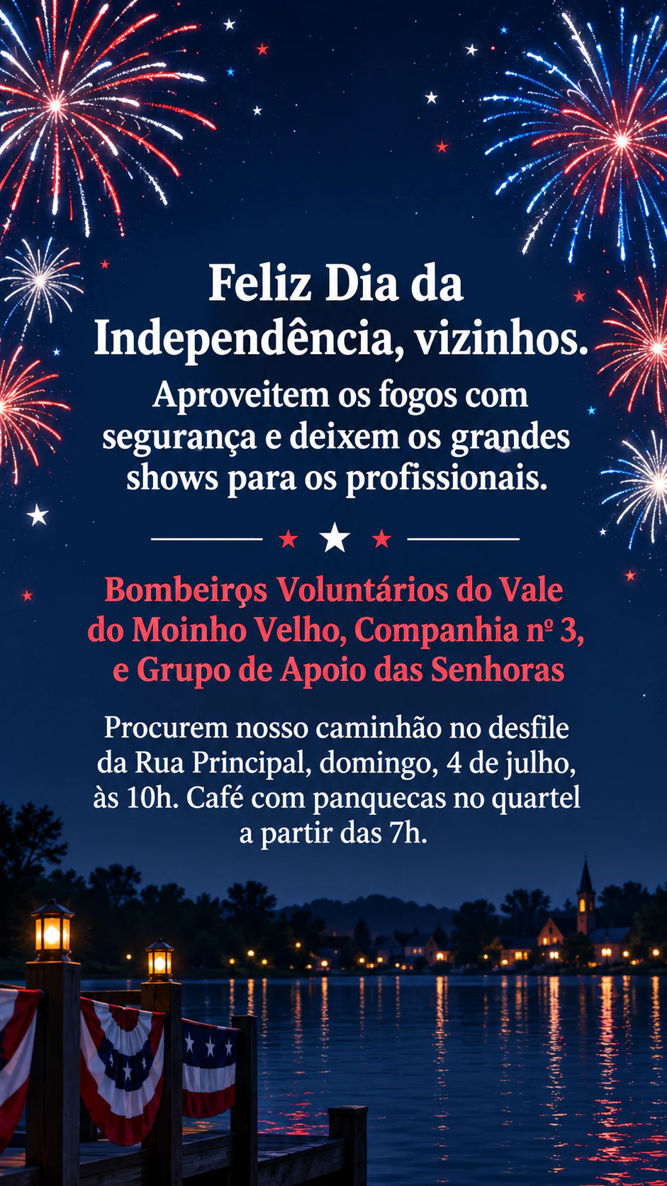 Post de 4 de julho dos EUA para feed ou Story: Mensagem longa e aviso de desfile em Story do Instagram, sem cores definidas