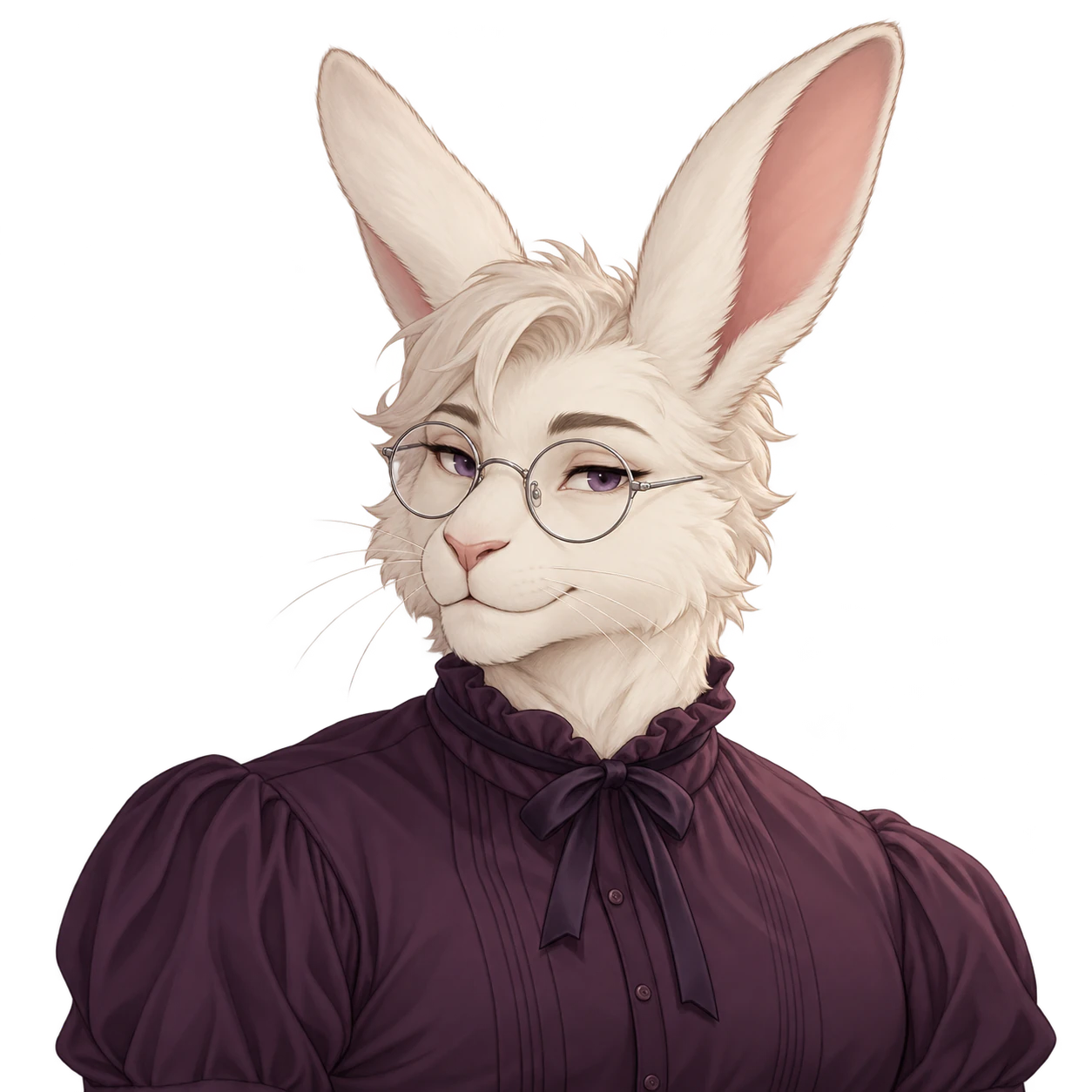 An adult feminine male furry avatar: An adult male rabbit with a ribbon