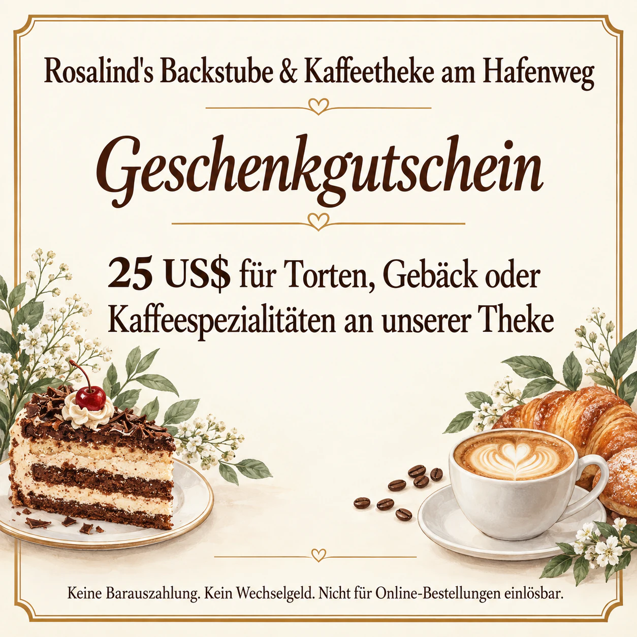 Geschenkgutschein für ein kleines Unternehmen: Bäckerei-Gutschein mit langem Namen und Dollarbetrag, ohne Ablaufdatum und leere Zeilen