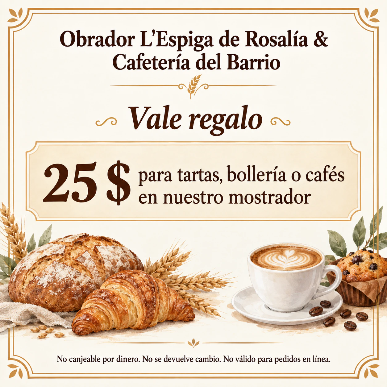 Vale regalo para un pequeño negocio: Vale de panadería con un nombre largo y un importe en dólares, sin caducidad ni líneas en blanco
