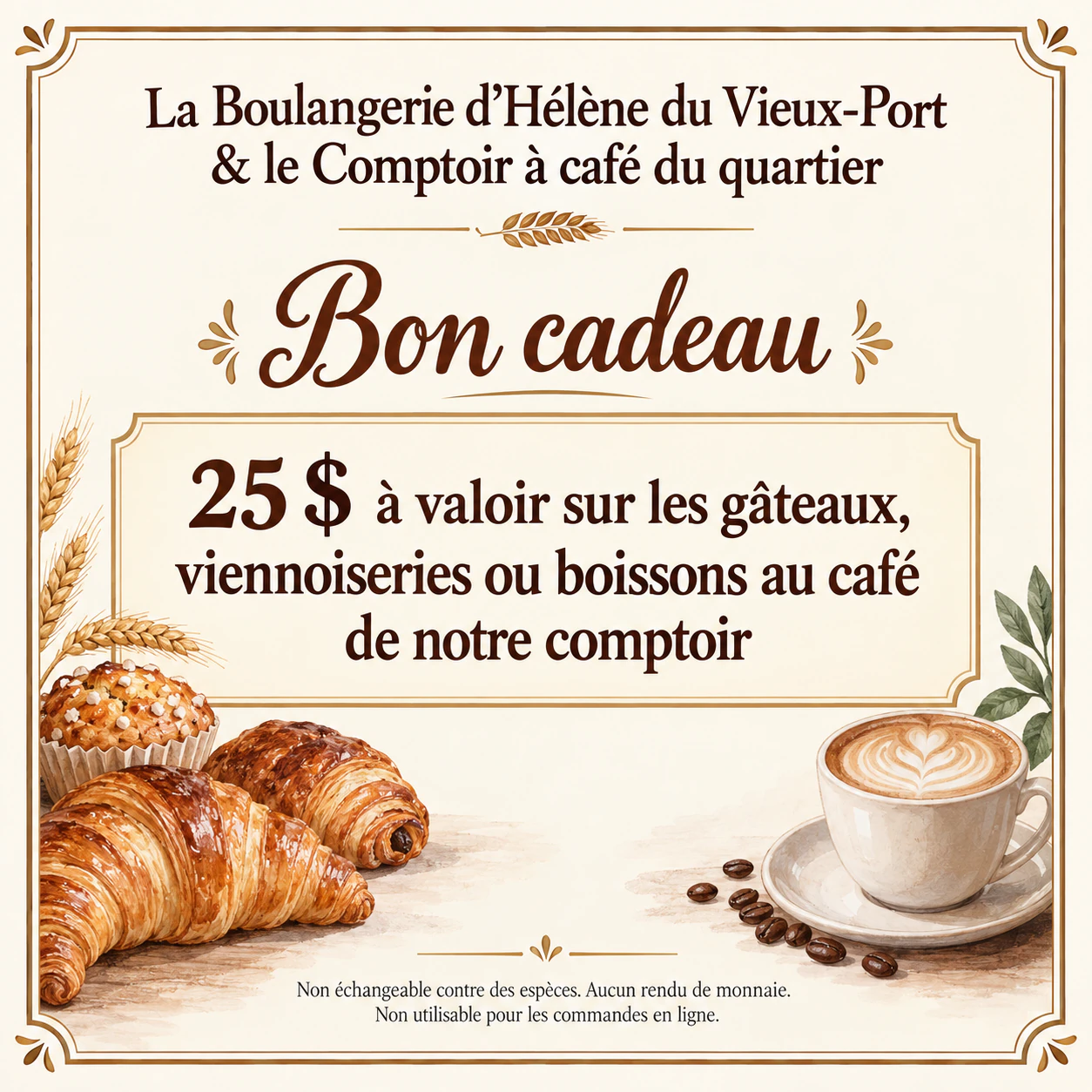 Bon cadeau pour un petit commerce : Bon cadeau de boulangerie avec un nom long et une valeur en dollars, sans validité ni lignes vierges