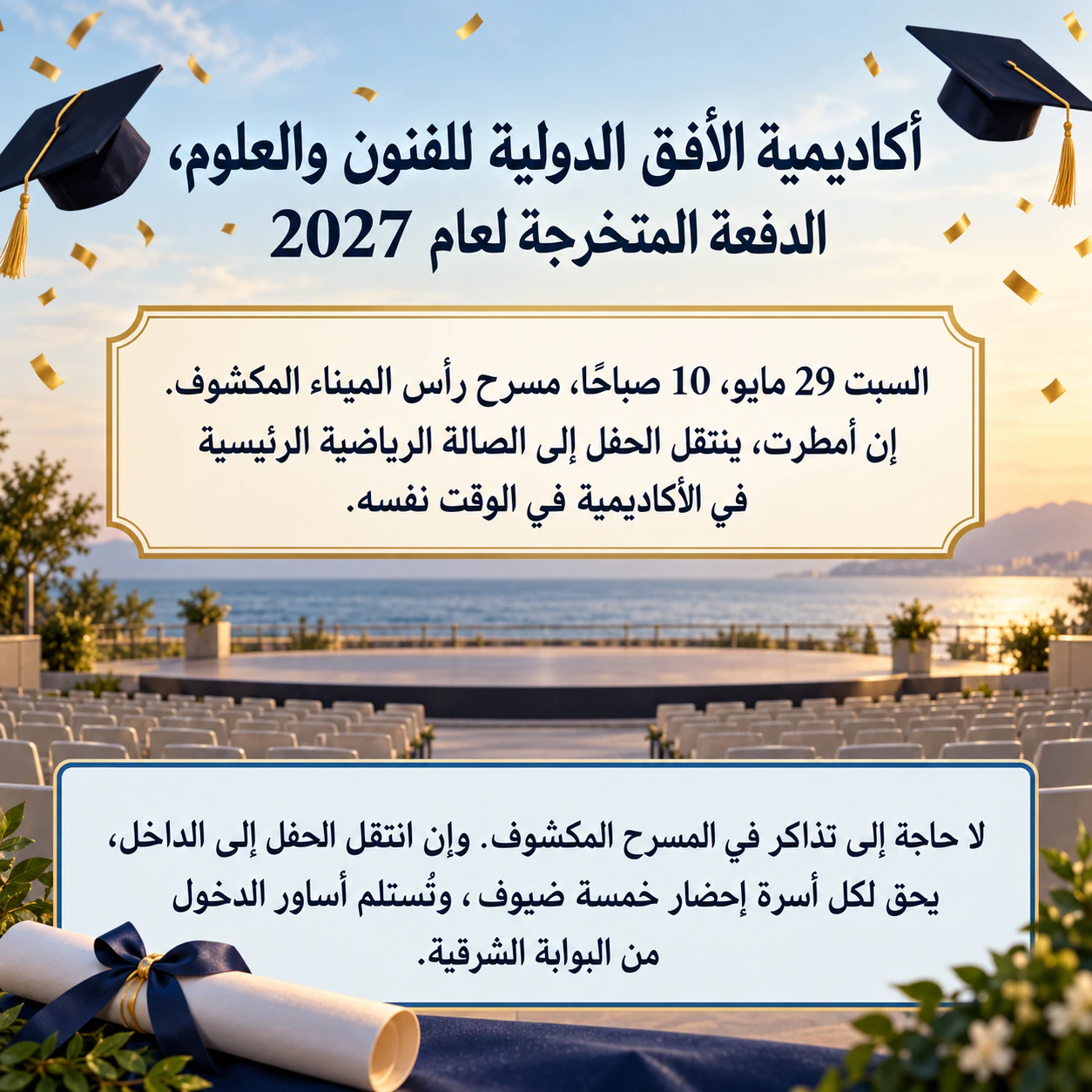 منشور حفل التخرج لإعلان على مستوى المدرسة: اسم أكاديمية طويل مع موقع بديل عند المطر، دون ألوان