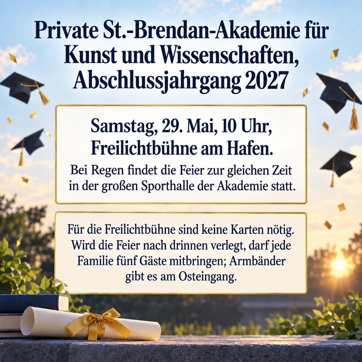 Flyer zur Abschlussfeier als Ankündigung für die ganze Schule: Langer Akademiename mit Ausweichort bei Regen, ohne Farben