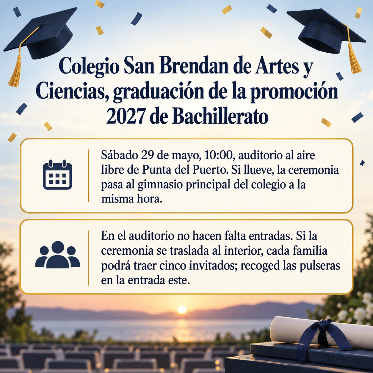 Flyer de ceremonia de graduación para anunciarla a todo el centro: Nombre de colegio largo con alternativa por lluvia y sin colores