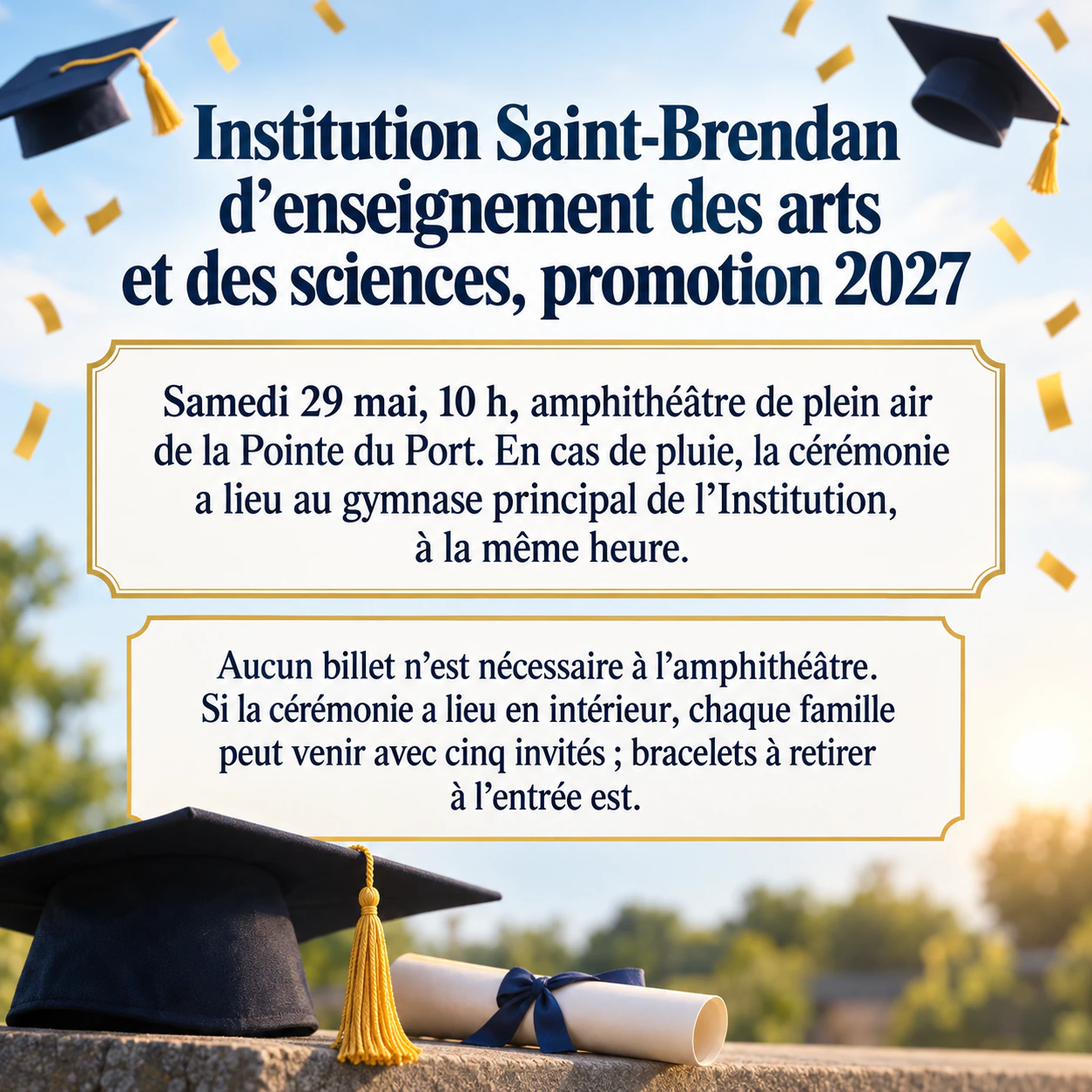 Flyer de cérémonie de remise des diplômes pour tout l’établissement : Long nom d’établissement avec un repli en cas de pluie et sans couleurs