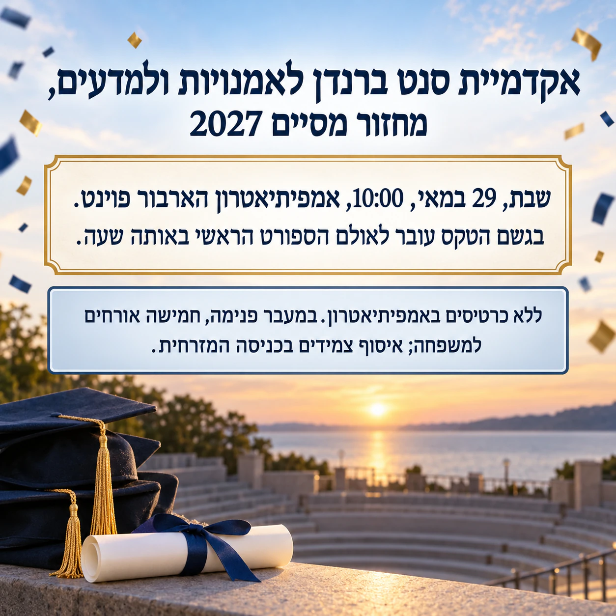 פלייר טקס סיום לכל קהילת בית הספר: שם אקדמיה ארוך ומקום לגשם, בלי צבעים