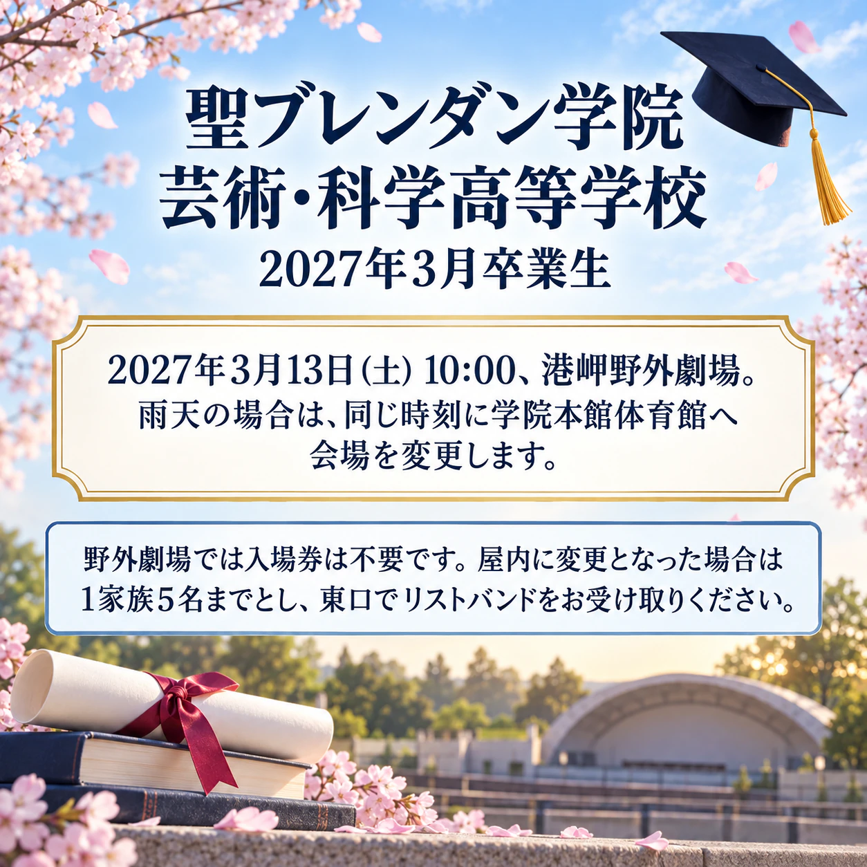 学校全体に告知する卒業式のチラシ：雨天時会場のある長い学院名、スクールカラーなし
