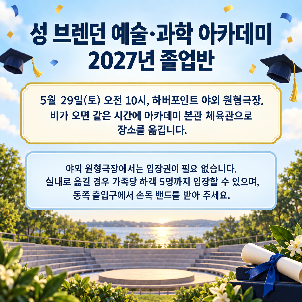 학교 전체에 알리는 졸업식 안내 전단지: 긴 학교명과 우천 시 장소, 상징색 없음