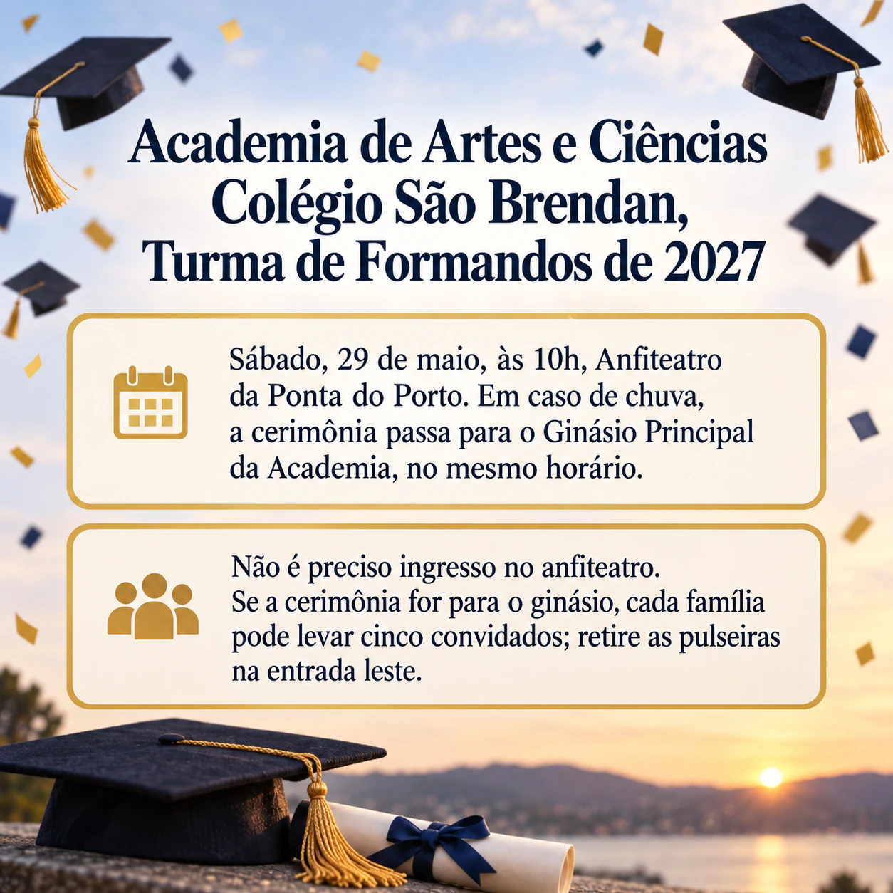 Flyer de cerimônia de formatura para um comunicado a toda a escola: Nome longo de colégio com local alternativo para chuva e sem cores