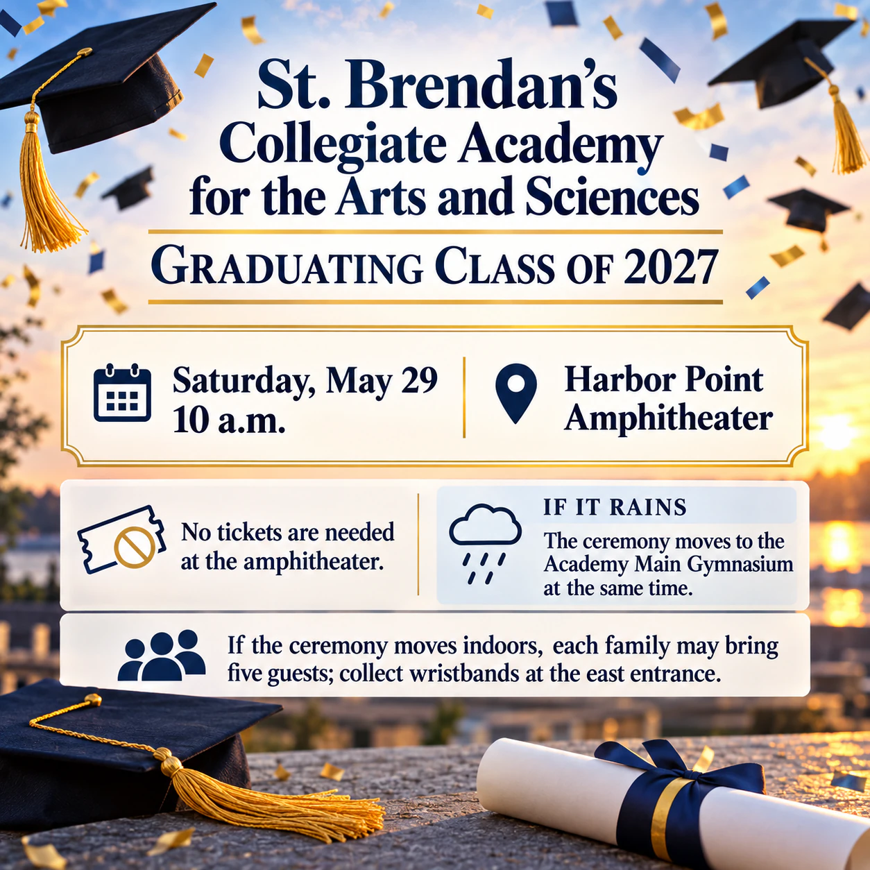 Graduation ceremony flyer for a school-wide announcement: Long academy name with a rain location and no colors