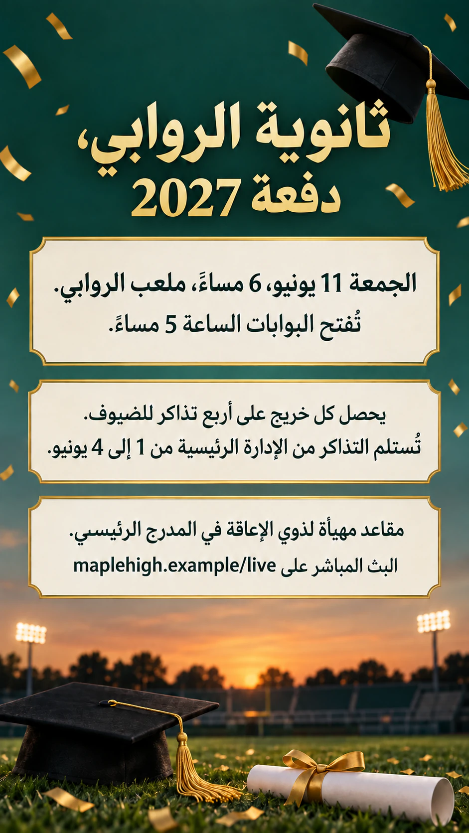 مثال على منشور حفل التخرج لإعلان على مستوى المدرسة