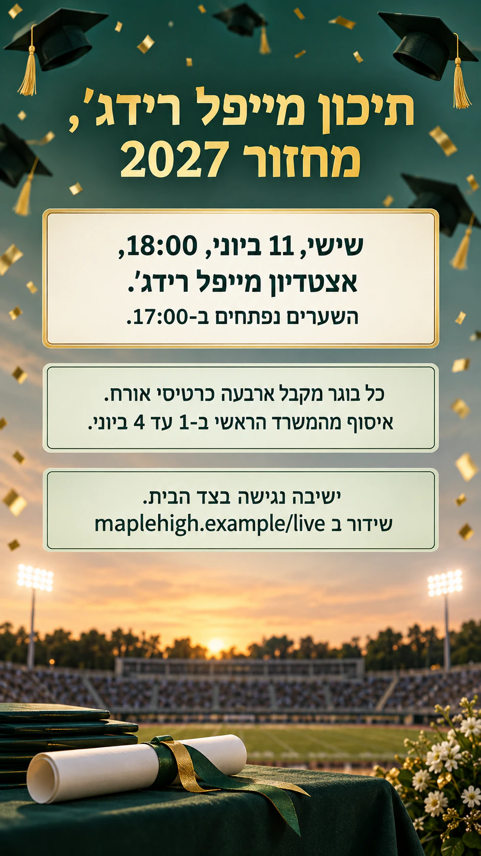 דוגמה: פלייר טקס סיום לכל קהילת בית הספר