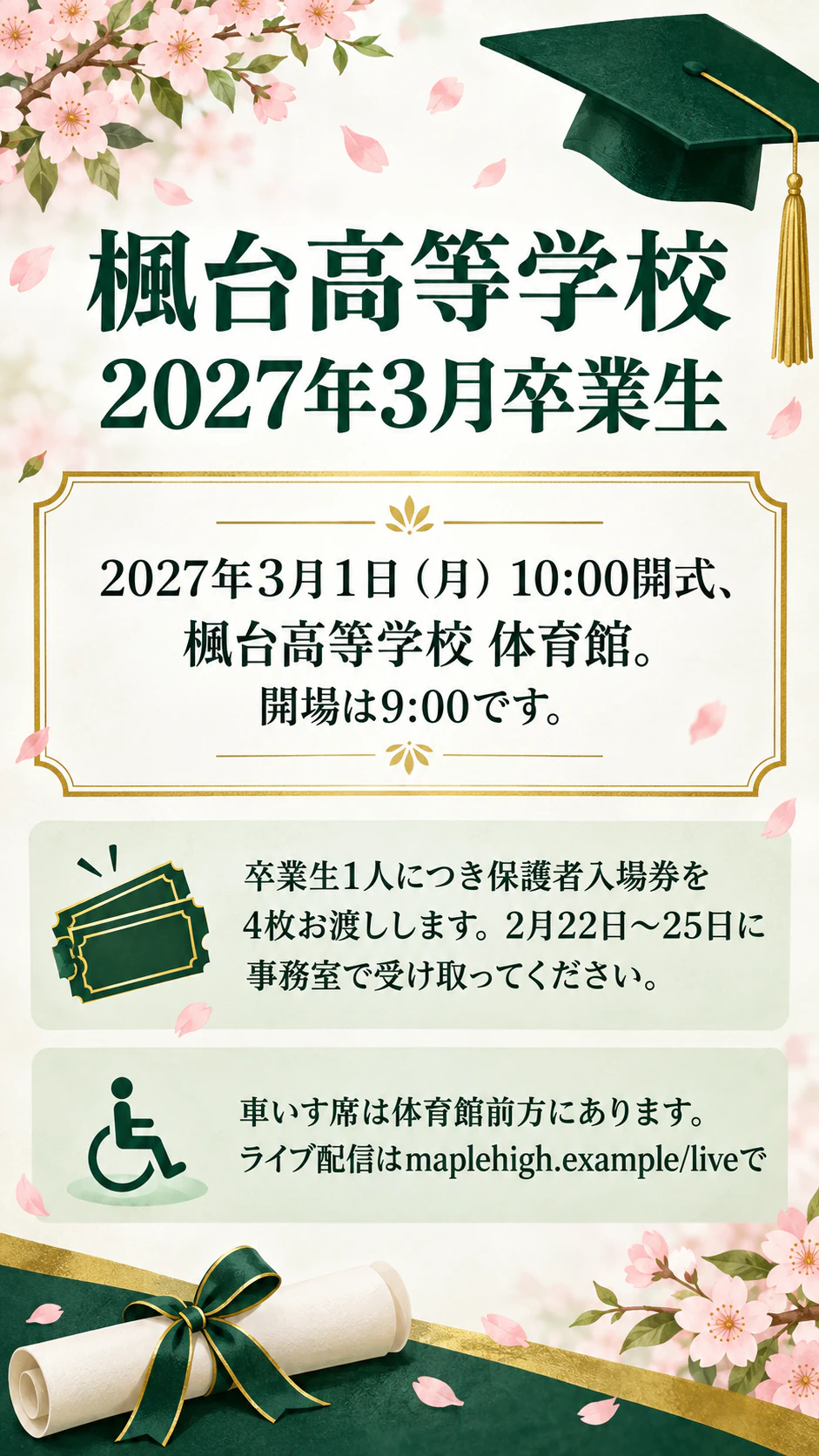 学校全体に告知する卒業式のチラシの作例