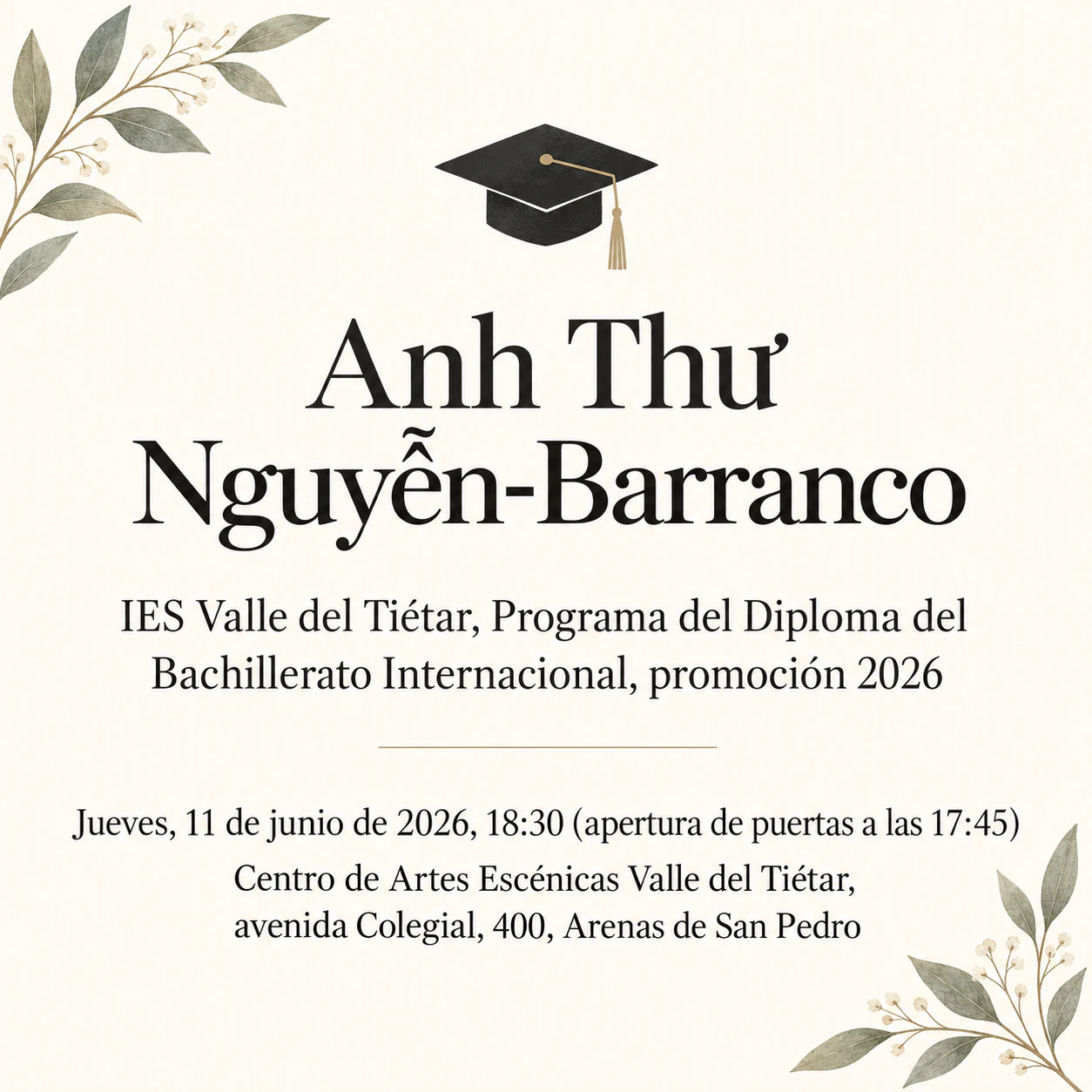 Invitación a una ceremonia de graduación: Graduada de bachillerato con un programa de nombre largo, sin fiesta ni colores, cuadrada
