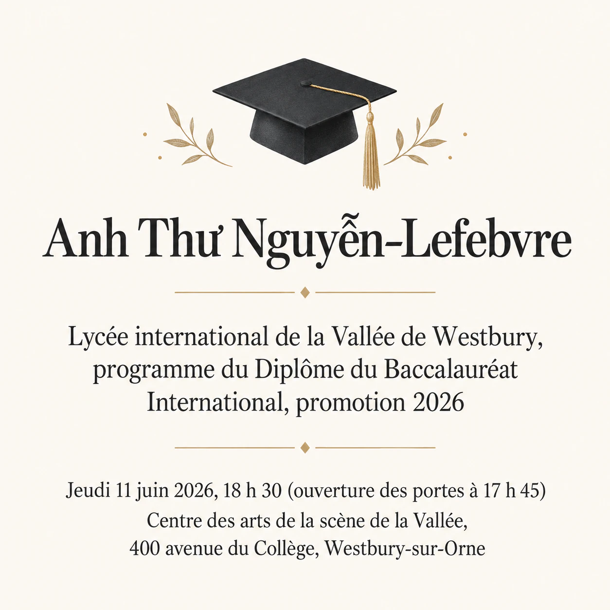Invitation à une cérémonie de remise de diplôme : Lycéenne avec un long intitulé de programme, sans fête ni couleurs, en carré