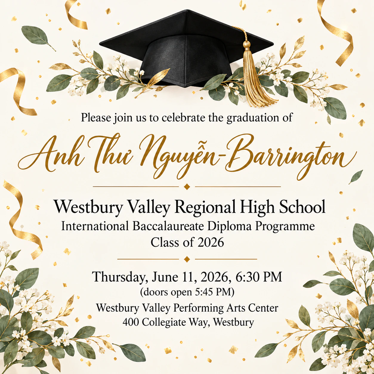 Graduation ceremony invitation: High school graduate with a long program name, no party or colors, square