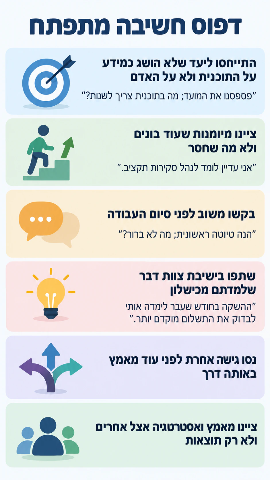 דפוס חשיבה מתפתח עם דוגמאות יומיומיות: שישה עקרונות למבוגרים עם ארבע דוגמאות ובלי מקור
