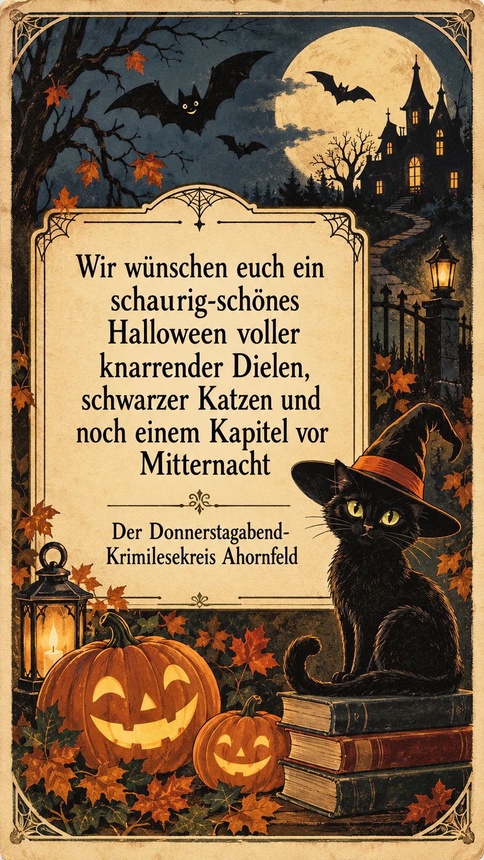 Halloween-Karte mit verspielter Illustration: Langes Wortspiel für einen Lesekreis von Erwachsenen, Vintage-Stil, ohne Absender