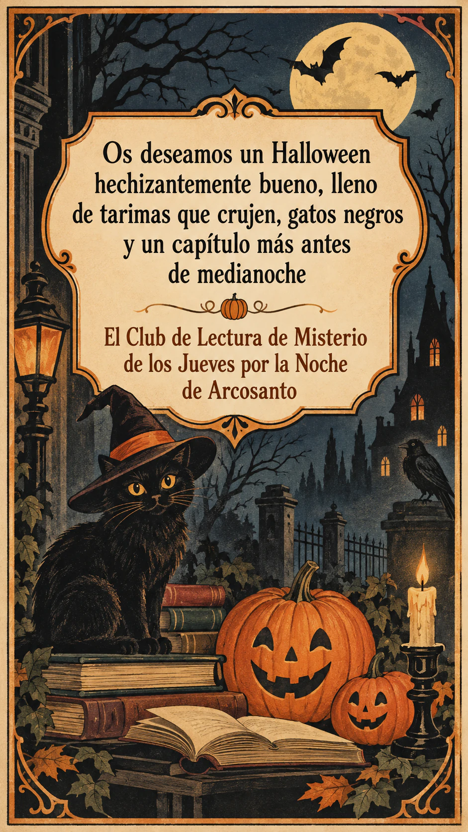 Tarjeta de Halloween con una ilustración divertida: Juego de palabras largo para un club de lectura de adultos, estilo vintage, sin firma
