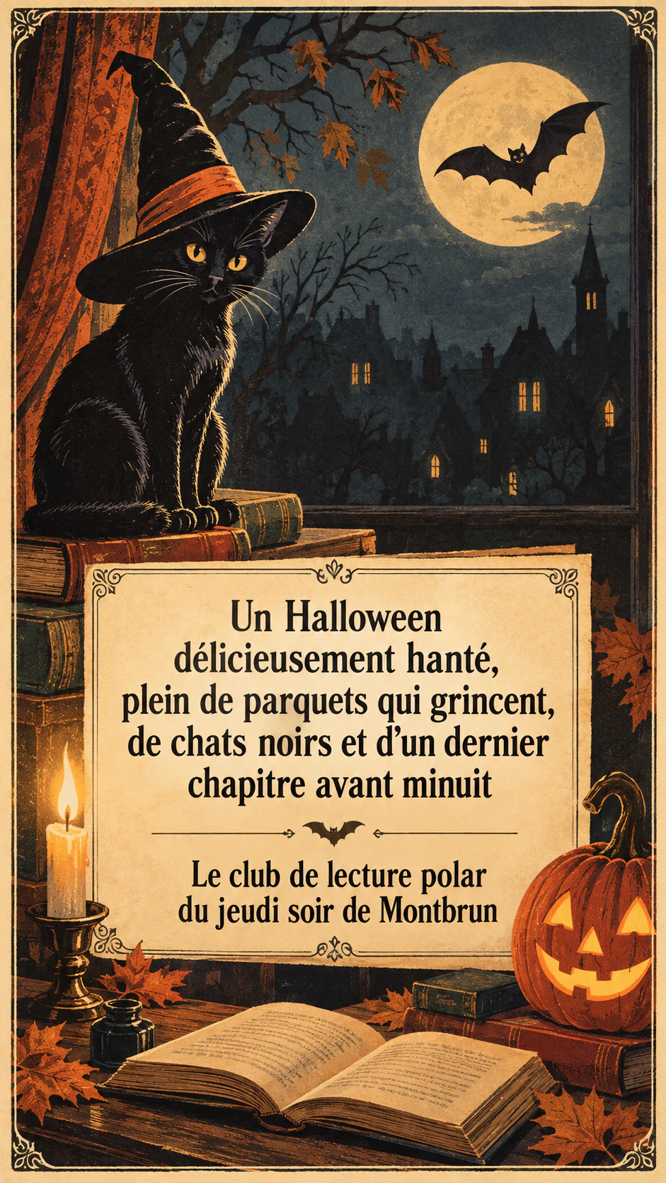 Carte d’Halloween avec une illustration ludique : Long jeu de mots pour un club de lecture adulte, style rétro, sans signature