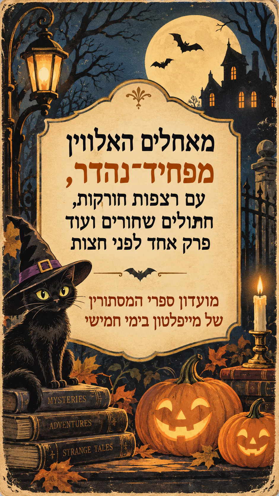 כרטיס האלווין עם איור שובב: מסר ארוך למועדון מבוגרים בסגנון וינטג׳, בלי חתימה