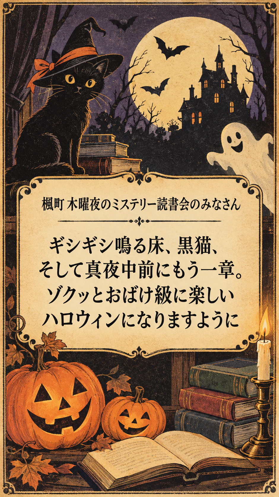 楽しいイラスト入りのハロウィンカード：大人の読書会に贈る長いダジャレ入りメッセージ、レトロなスタイル、差出人なし
