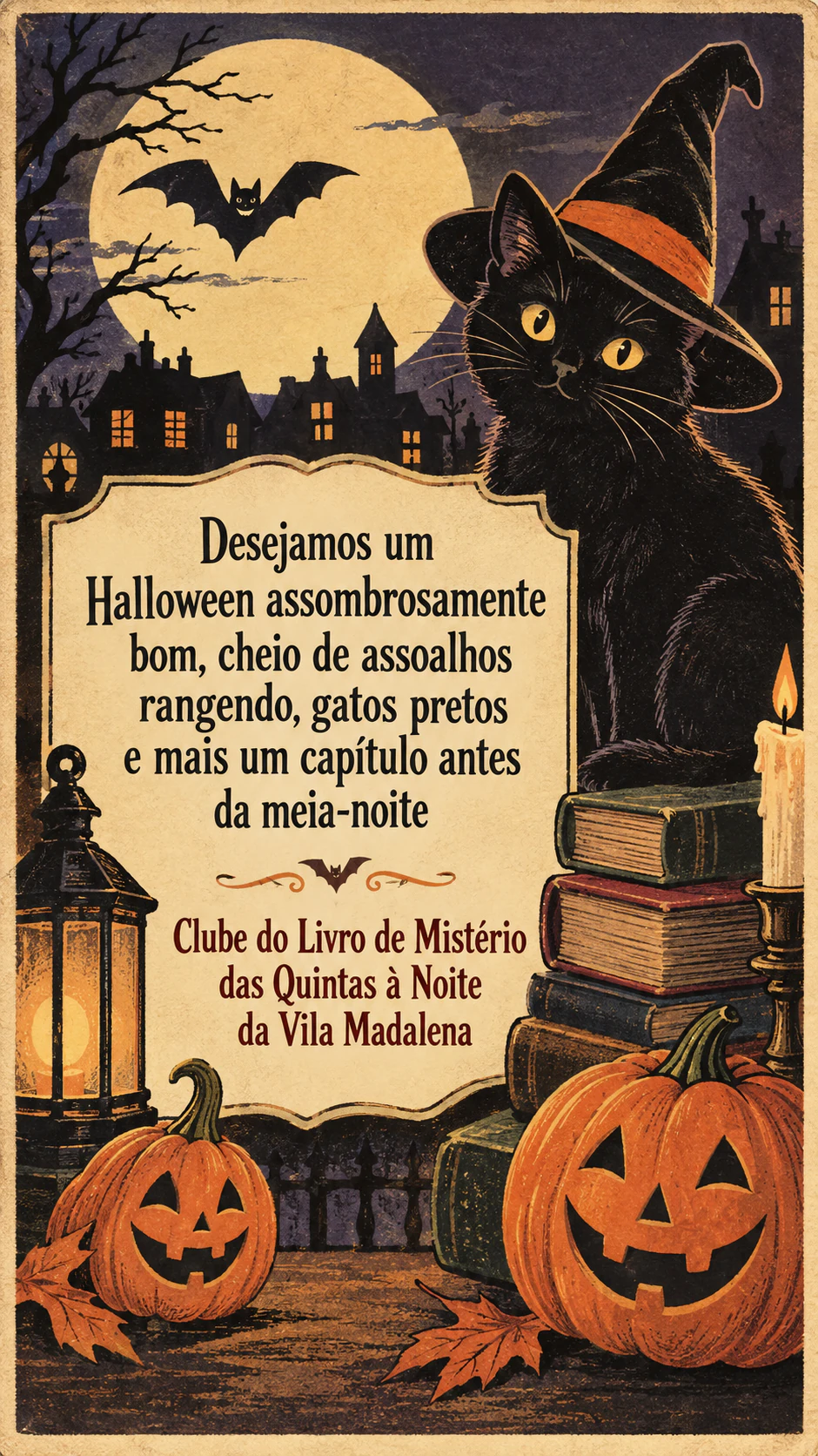 Cartão de Halloween com uma ilustração divertida: Trocadilho longo para um clube do livro adulto, estilo antigo, sem assinatura