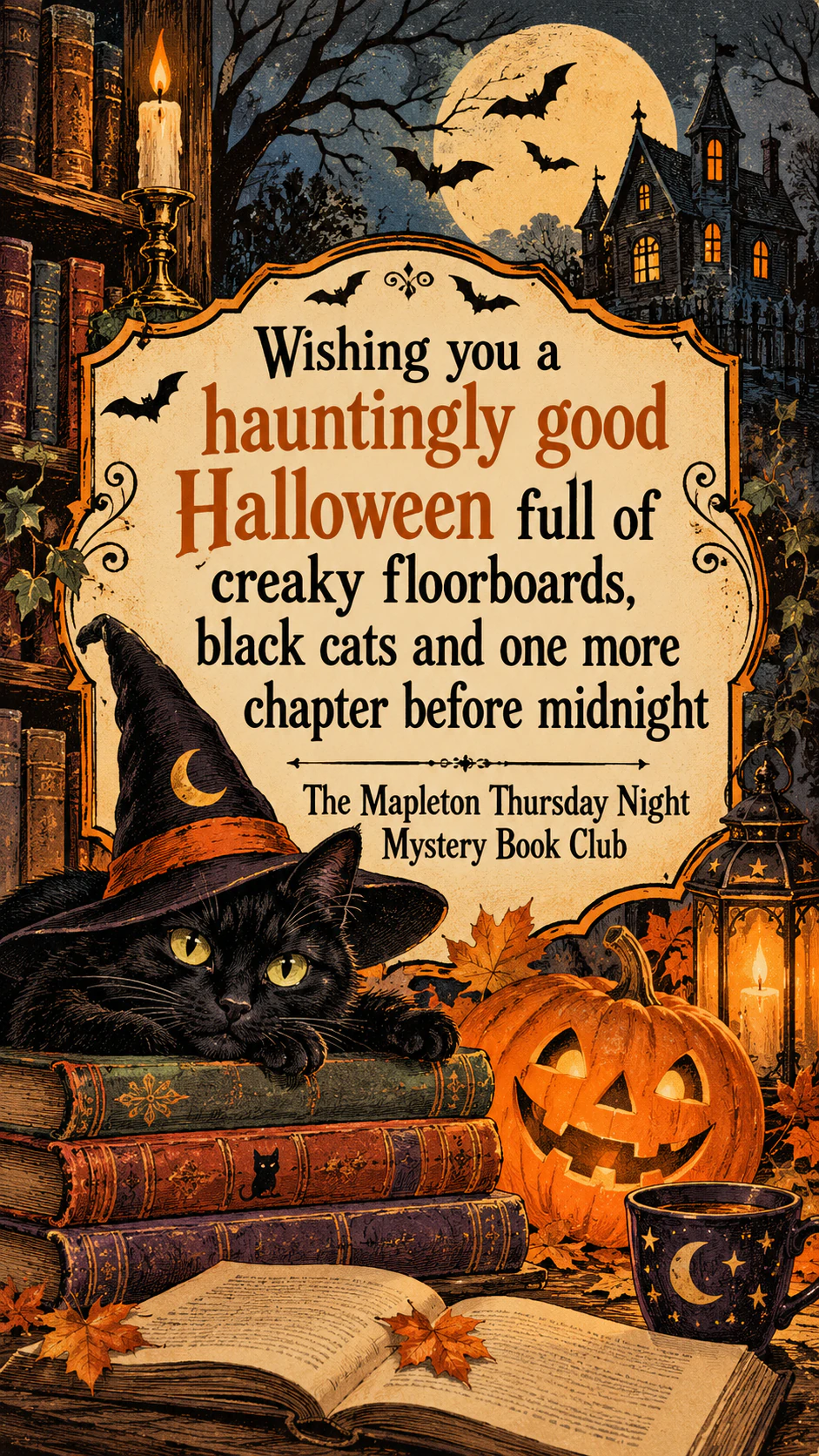 Halloween card with a playful illustration: Long pun for an adult book club, vintage style, no sign-off