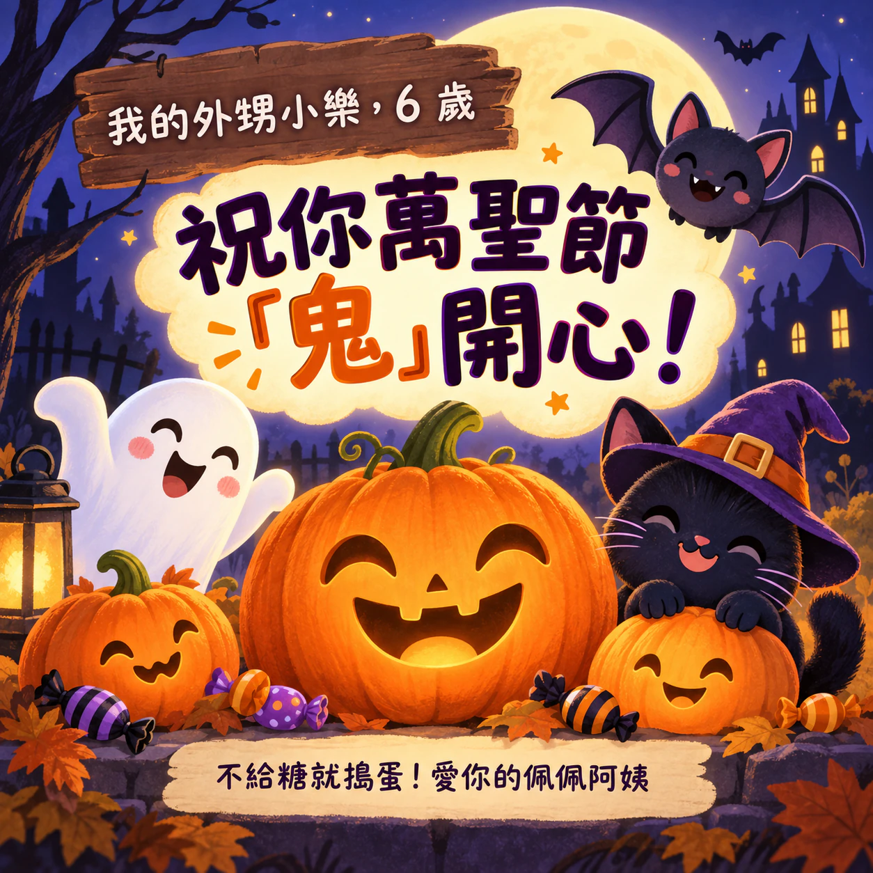 附俏皮插圖的萬聖節卡片範例